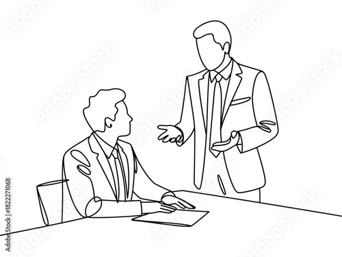 Continuous line drawing of two businessmen discussing at a table with document