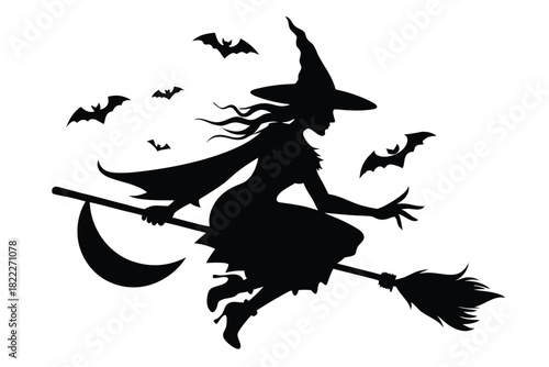 Black silhouette reveals a witch gracefully soaring on her broom with bats flying around