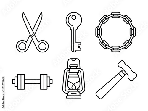 A collection of outlined icons including scissors key chain dumbbell lantern hammer