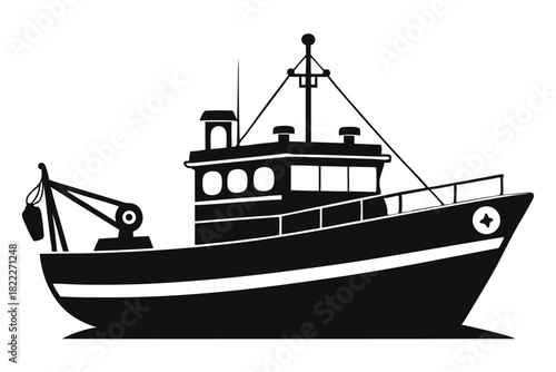 Black silhouette showcases a sturdy fishing trawler vessel with crane boom equipment isolated
