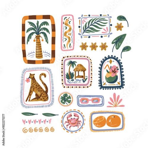 Square summer vector seamless pattern tropical animals palm leaves fruit crab hut beach