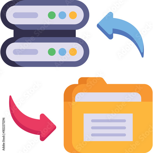 Two stacked computer servers with colorful indicator lights connected to a yellow folder by blue and red arrows indicating data transfer and synchronization
