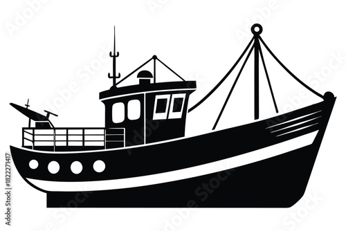 Black silhouette shows a commercial fishing boat with radar and a mast on deck
