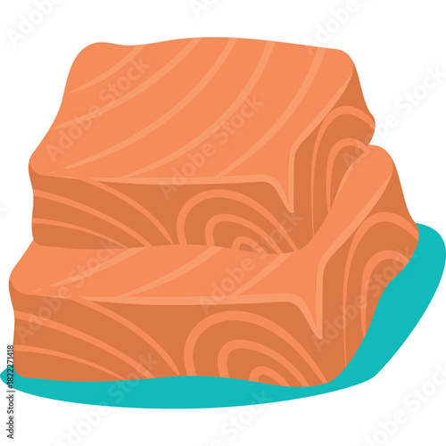 Two Stacked Slices of Raw Salmon Fillet with Diagonal Marbling on a Teal Abstract Shape Isolated on White Background
