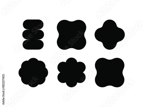 A collection of six black abstract shapes on a white background arranged evenly