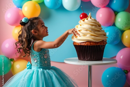 A Sparkly Ball Gown Girl Reaching for a Giant Cupcake among Colorful Balloons