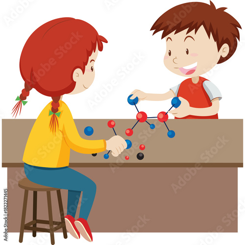 Two smiling children a girl with red hair in a yellow shirt and blue pants and a boy in a red shirt construct molecular models at a wooden desk with a transparent background illustrating educational