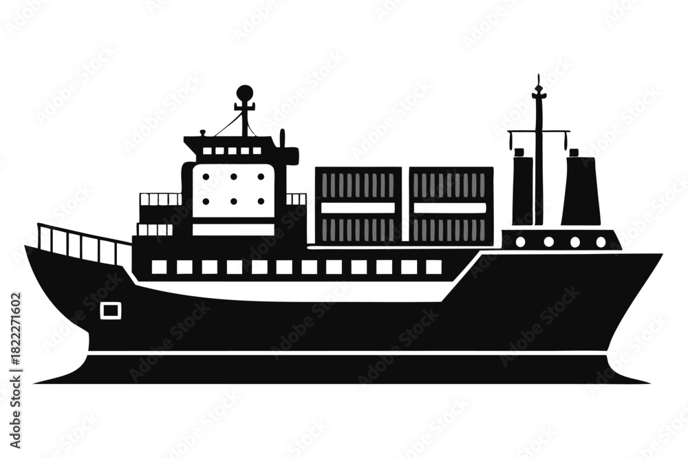Obraz premium Black silhouette shows a container ship carrying cargo; it symbolizes global trade and logistics
