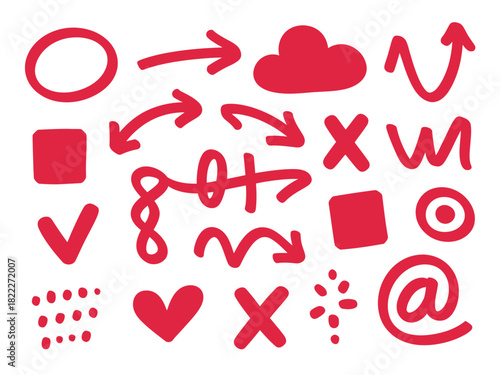 Red hand drawn doodle elements including arrows shapes and symbols on white