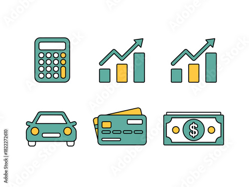 Illustration of calculator, graphs, car, credit cards, and dollar bill on white