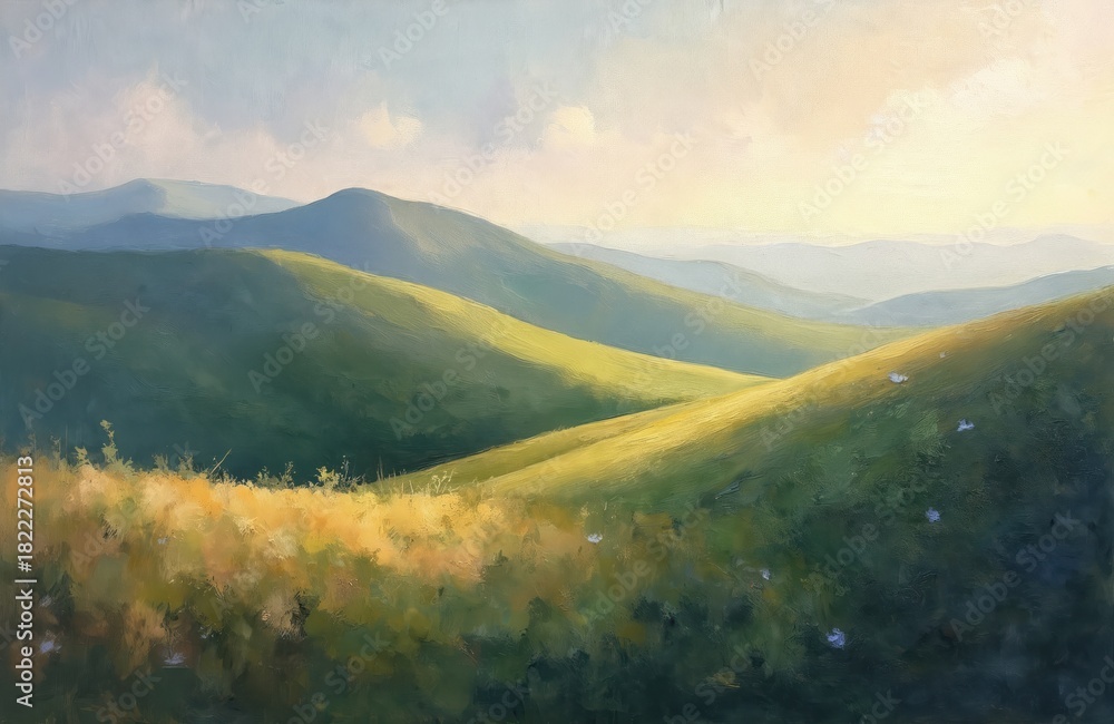 Fototapeta premium Green hills with sunlit grass under sky. Gentle landscape with rolling mountains and soft light. Peaceful nature scene with painterly texture.