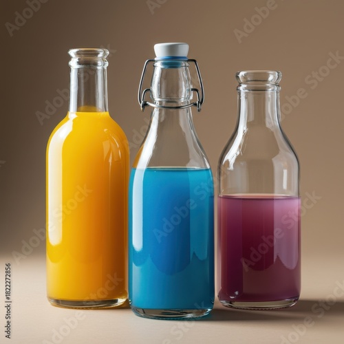 Wallpaper Mural Three bottled liquids in vivid blue, yellow, and purple color tones Torontodigital.ca