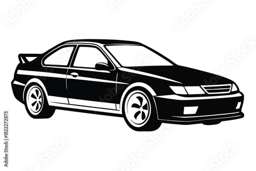 Black stylish coupe car showcases bold lines and custom wheels in monochrome