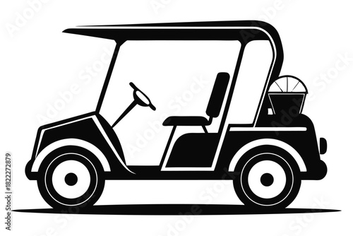 Black silhouette shows vintage style golf cart with bucket, seat, and steering wheel