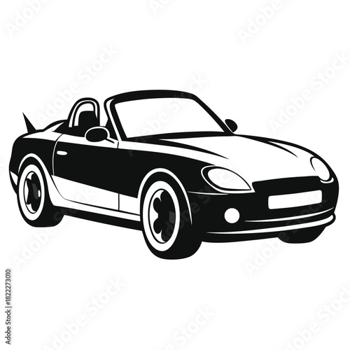 Bold monochrome drawing showcases a sleek convertible car in dynamic profile view