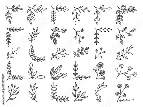 Collection of black and white floral and leaf corner and branch illustrations