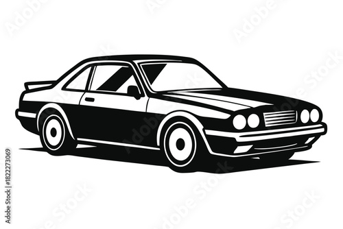 Bold monochrome vintage coupe car displays sleek lines and classic design elements on white