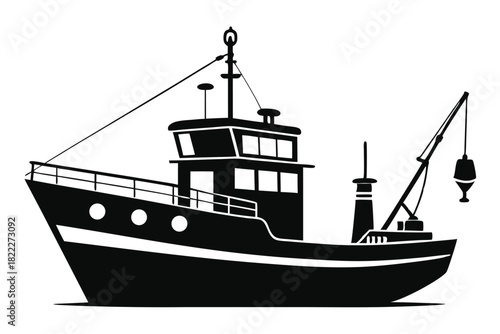 Bold monochrome fishing trawler with crane, cabins, and rigging floats peacefully on the water
