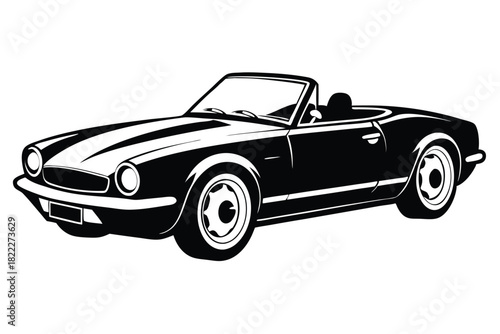 Classic convertible showcases an elegant silhouette with rounded headlights and bold racing stripes in black