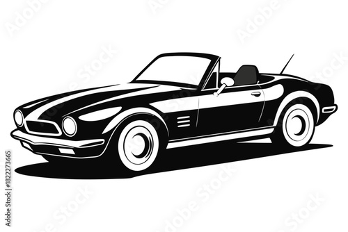 Classic black convertible car showcases white racing stripes against a pristine white background