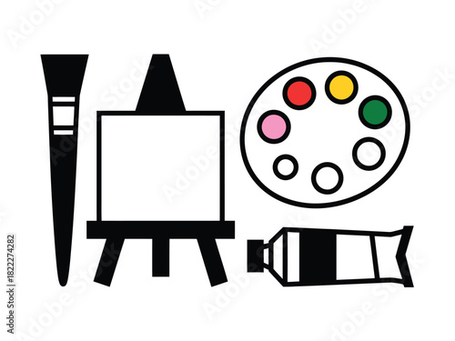 Illustration of art supplies including an easel, brush, palette, and paint tube