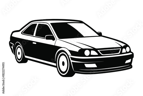 Elegant black and white car displays sleek lines on a simple background