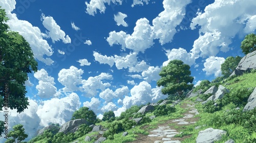 A scenic vista unfolds, showcasing a well-trodden path winding upward through lush greenery and rocky outcrops, beneath a vibrant sky filled with fluffy white clouds.