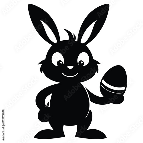Happy bunny silhouette holds a decorated egg and smiles joyfully on a white background