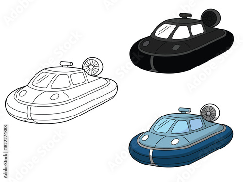Illustration of three hovercrafts in different styles and color variations