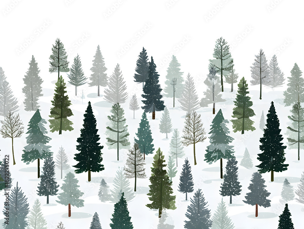 Obraz premium Winter forest with snow background, green, grey and white colours 