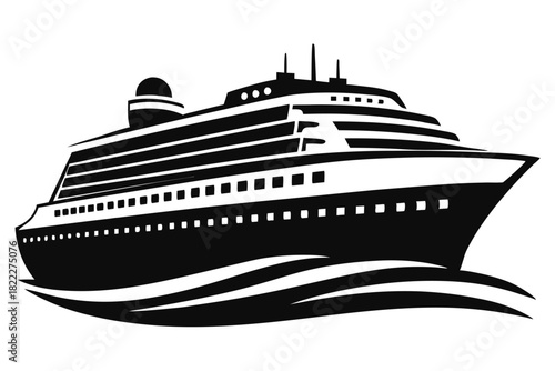 Huge cruise ship is sailing on ocean waves in black and white style