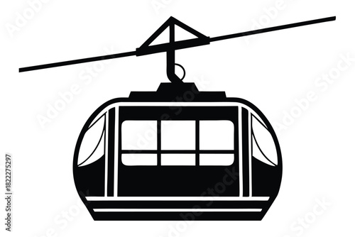 Isolated black and white cable car glides along cable with windows