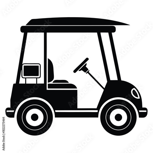Isolated black golf cart shows a steering wheel, seat, and canopy against white
