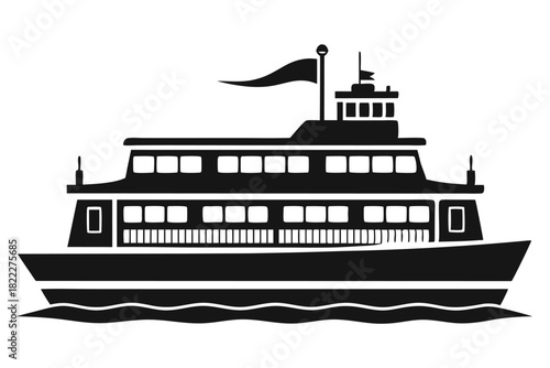 Isolated black silhouette shows a twostory ferry boat on white background
