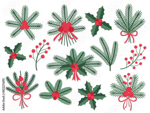 Illustration of christmas foliage including pine sprigs holly and red berries