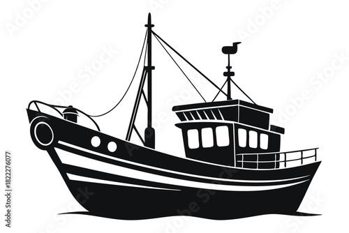 Isolated silhouette of a classic fishing trawler bobs gently upon the calm seas