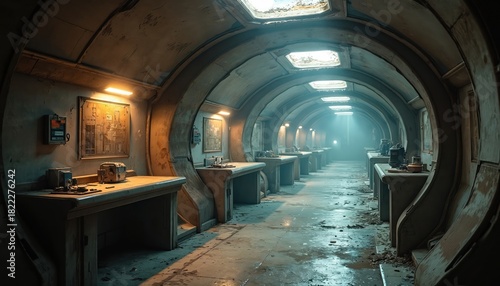 Fototapeta Naklejka Na Ścianę i Meble -  An aged interior of an abandoned spaceship laboratory. Dilapidated walls with workspaces and equipment. The dim environment is lit by artificial lighting. Sci-fi concept of an empty space station.