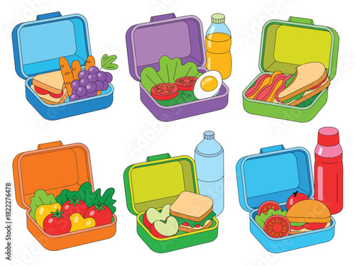 Illustration of six colorful lunchboxes filled with various food items and drinks