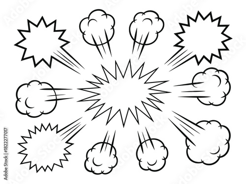 Black and white comic book style explosion with starbursts and cloud puffs design