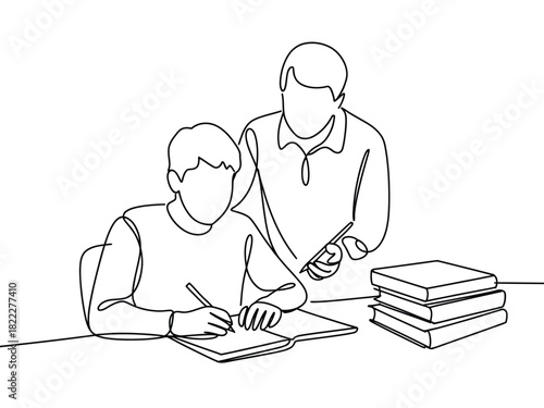 Continuous line drawing of student studying with teacher and stack of books near