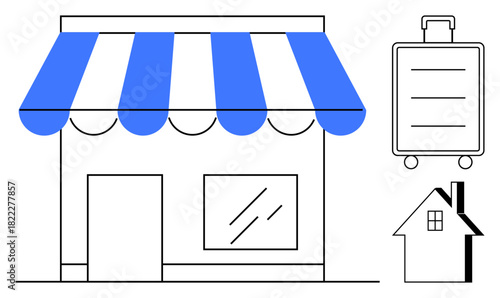 Storefront with blue awning, suitcase with handle, and simple house outline. Ideal for retail, travel, e-commerce, housing, relocation global business and entrepreneurship themes. Simple flat