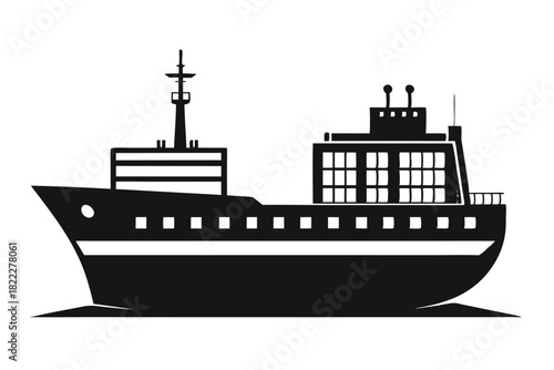 Minimalist monochrome ship features multiple windows and two masts against a clear background