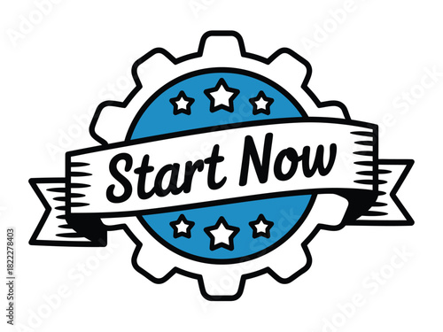 Illustration of a gear with a blue circle and stars and a banner reading start now