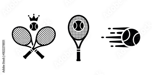 Three tennis icons showing racquets, a ball with a crown, and a ball in motion.