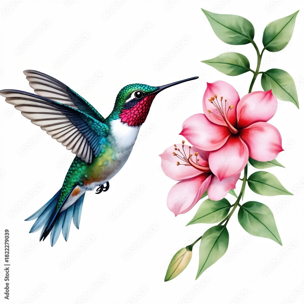 Obraz premium Vibrant hummingbird hovers near pink hibiscus flowers, green leaves. Watercolor illustration shows small tropical bird with iridescent feathers in flight, ready to sip nectar from blossom. Intricate
