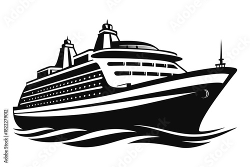 Monochrome cruise liner elegantly cuts through ocean waves, showcasing majestic nautical travel and vacation