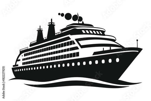 Monochrome cruise ship sails forward, emitting smoke, revealing multiple decks and cabin windows on white