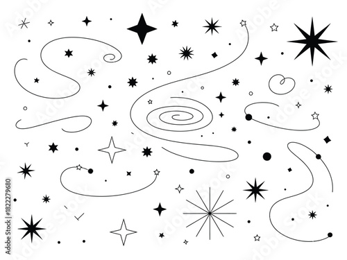 A whimsical illustration of stars dots and swirling lines on a white background