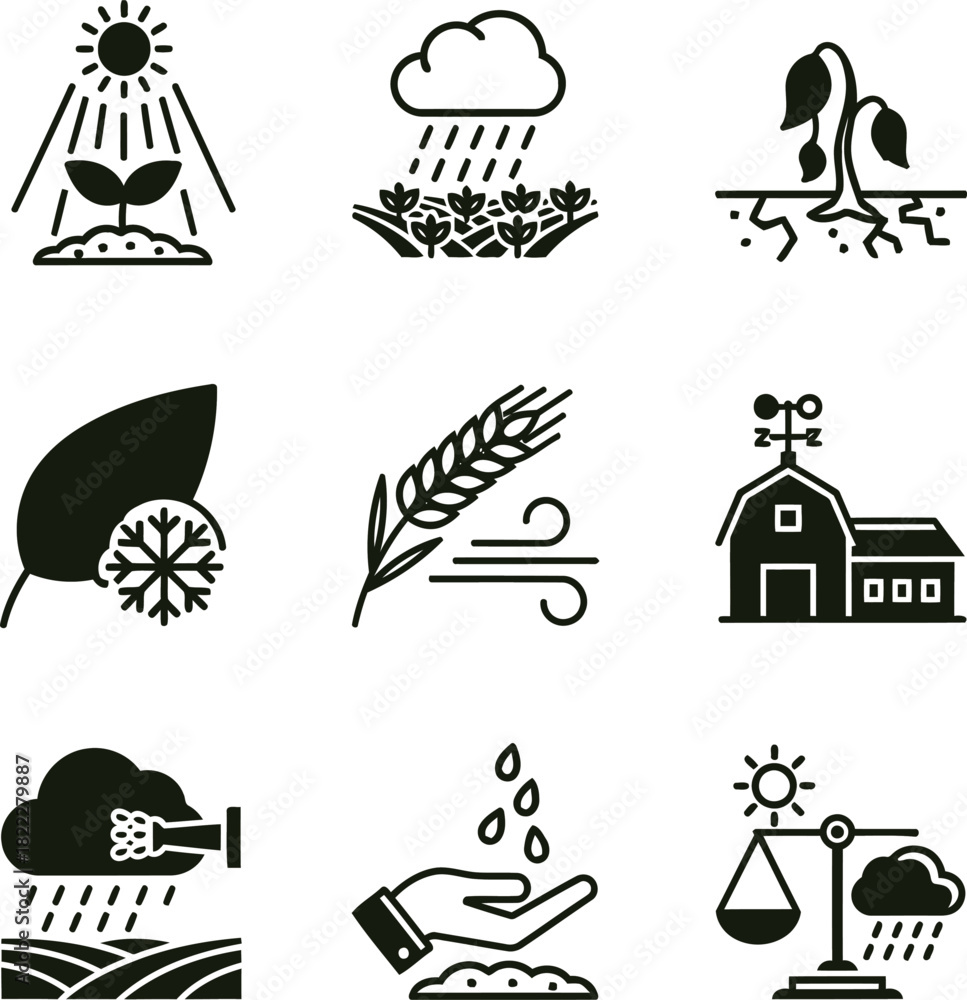 Fototapeta premium Vector Illustration of Modern Agriculture Icons Set for Sustainable Farming, Weather, and Environmental Design