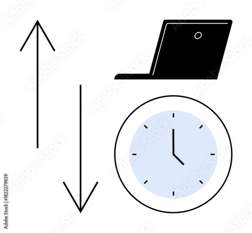 Clock with highlighted time, laptop representing work, and upward and downward arrows symbolizing task prioritization. Ideal for productivity, organization, efficiency, time management